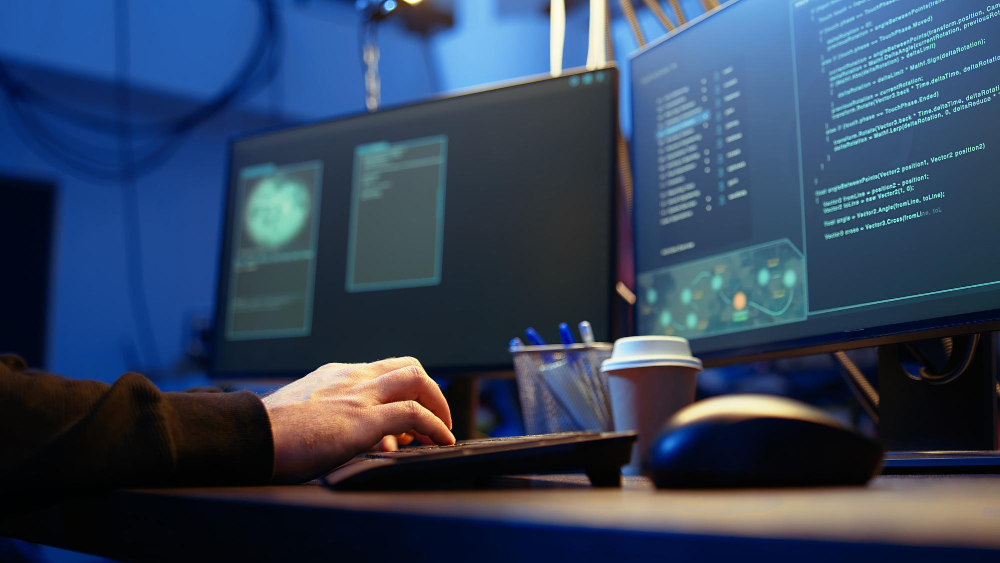 Cybersecurity operations center with threat monitoring dashboards